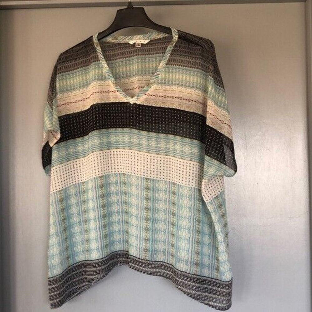 Cabi Chiffon Sheer Floral Striped V-neck Cap Sleeve Tunic Top Blouse Large